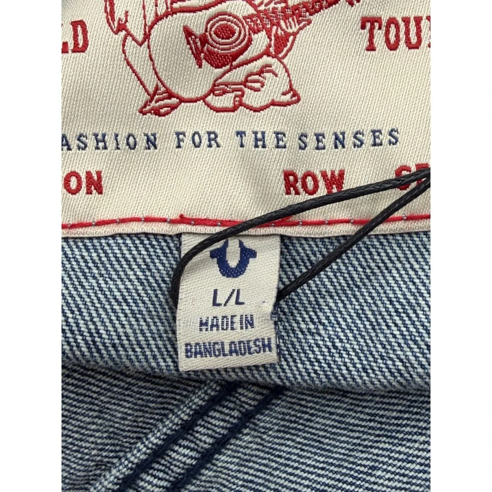 True Religion Denim Trucker Jacket Mens Large Medium Blue Quartz Wash  Print NEW